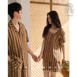 妮狄娅情侣睡衣女夏季凉感柔软棉短袖男时尚条纹可外穿家居服套装