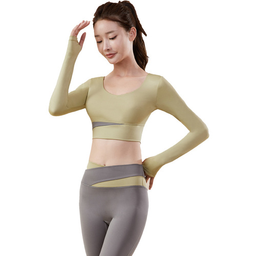 New color-blocked long yoga suit, quick-drying, traceless nude fitness suit, seamless slimming and breathable sports suit for women