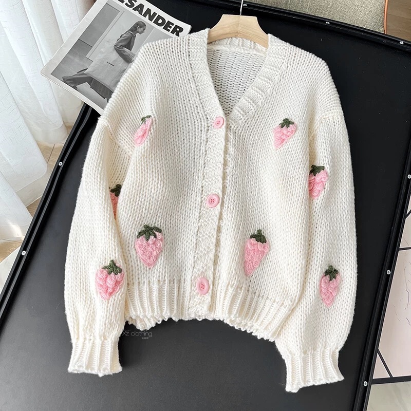 Spring and Autumn Strawberry Style Versatile V-Neck Knitted Cardigan, Fashionable, Gentle, Sweet, Three-Dimensional Short Sweater Coat for Women Spring and Autumn Strawberry Style Versatile V-Neck Knitted Cardigan, Fashionable, Gentle, Sweet, Three-Dimensional Short Sweater Coat for Women