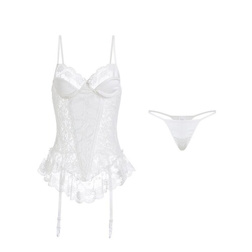 Lingerie Sexy Lace Sheer Front Opening Strapless Bodysuit Women's Deep V No Slip Passion Uniform Set