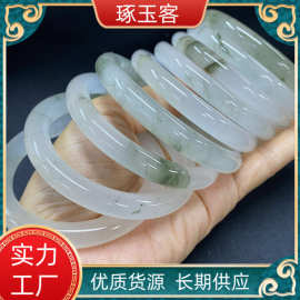 天然新疆天山翠冰翠金丝玉圆条手镯宝石光翡翠色冰种飘花玉石手镯