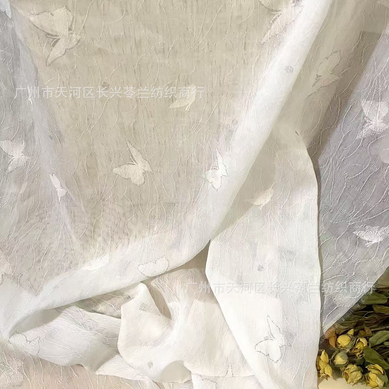 ins南韩蝴蝶提花烫粉细闪蕾丝布料薄款面料服饰窗帘布桌布内衬DIY