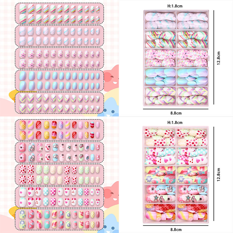 Nuevo niño impresión UV desgaste de uñas 120 piezas de caja de uñas falsas lindas dibujos animados mezclados parches de uñas
