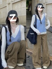 上新早秋韩系长袖t恤女2025新巨好看设计感吊带背心上衣两件套装