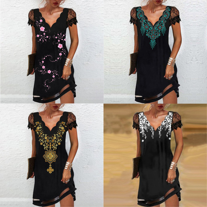 European and American Cross-Border Women's Clothing Casual Short-Sleeved Ethnic Style V Neck Gradient Printed Lace Mesh Loose Midi Dress