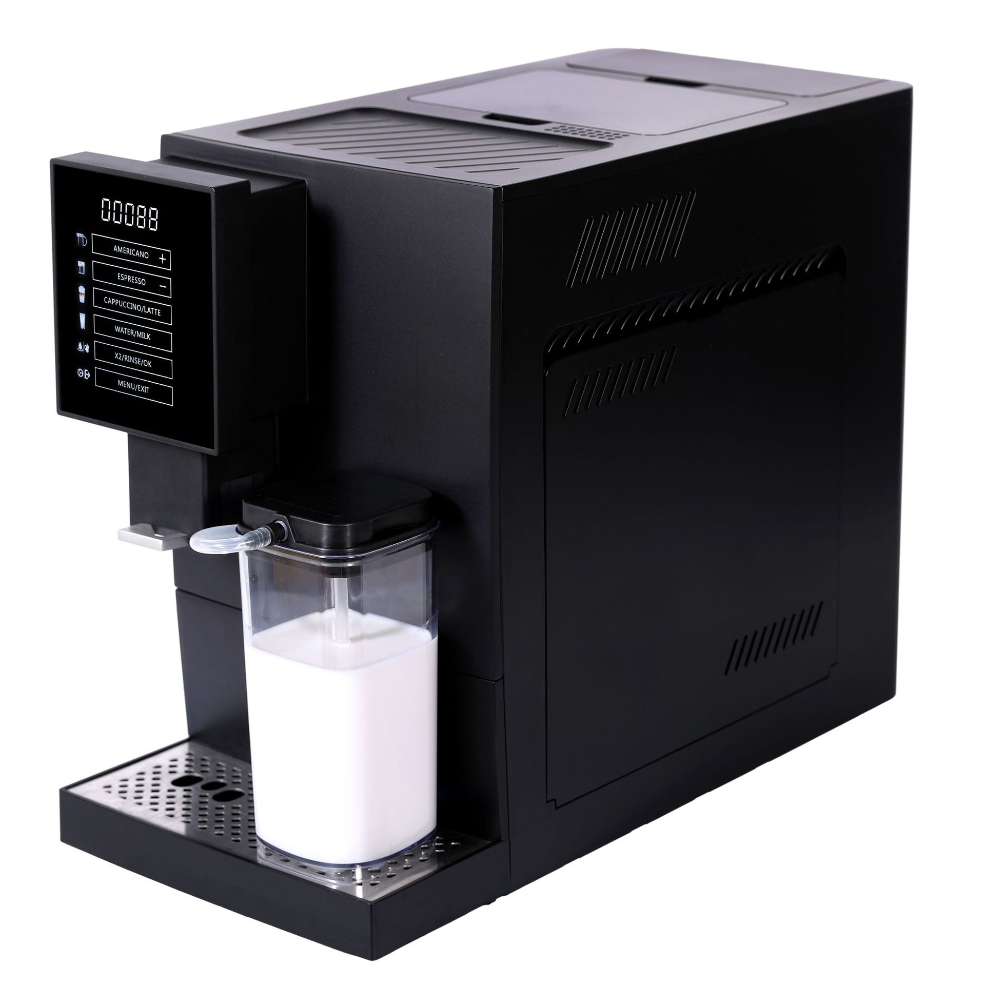 Máquina de café automática transfronteriza con pantalla de molienda con pantalla de un botón de operación multifuncional con recipiente de leche