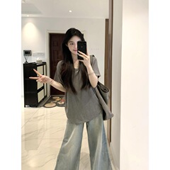 美式简约休闲v领灰色慵懒风短袖t恤女夏2025新款垂感设计显瘦上衣