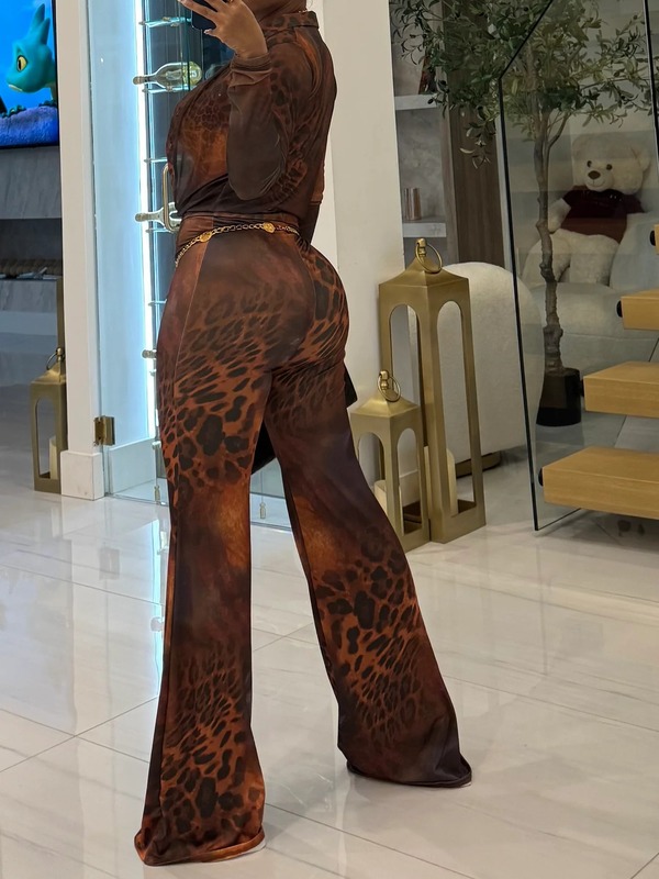 M80819欧美风女装印花网纱翻领长袖纽扣开衫喇叭长裤两件套装|undefined
