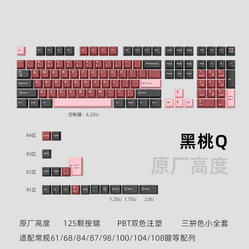 In stock wholesale cross-border black Ji snake black peach Q mechanical keyboard key cap three-piece PBT small Full set customized two-color