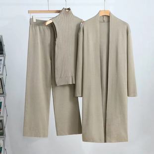 Cross-Border Amazon Autumn and Winter New Style Lazy Temperament Knitted Suit Sleeveless Vest Sweater Cardigan Pants Three-Piece Set