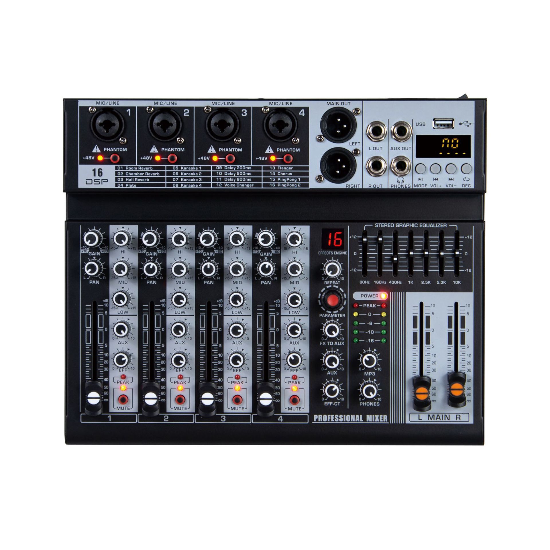 Mezclador de Audio Compacto de 4 y 6 Canales Modelo MX-04 MX-06 con USB y Bluetooth