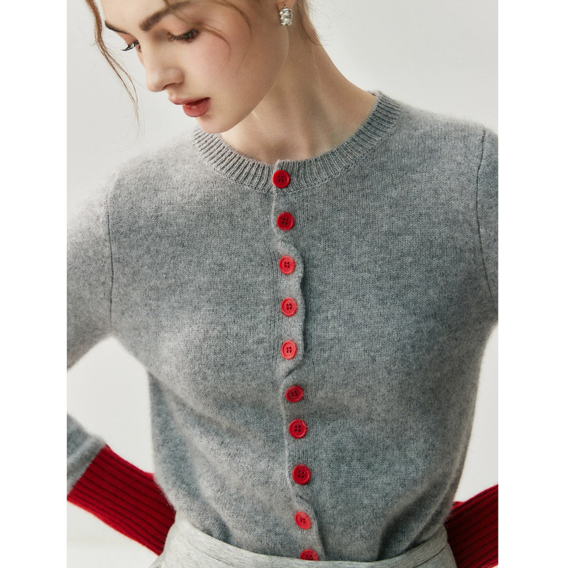 Color Art Basic Aesthetics Baby Cashmere Knitted Cardigan Women's Round Neck Sweater Slim Fit Autumn Jacket