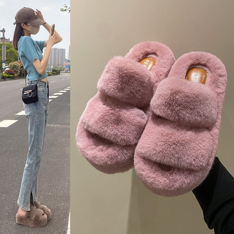 7cm Thick-Soled Furry Slippers for Outer Wear 2024 Autum New Fashion Wedge Heel Platform Sole 34-42 Size Cotton Slippers