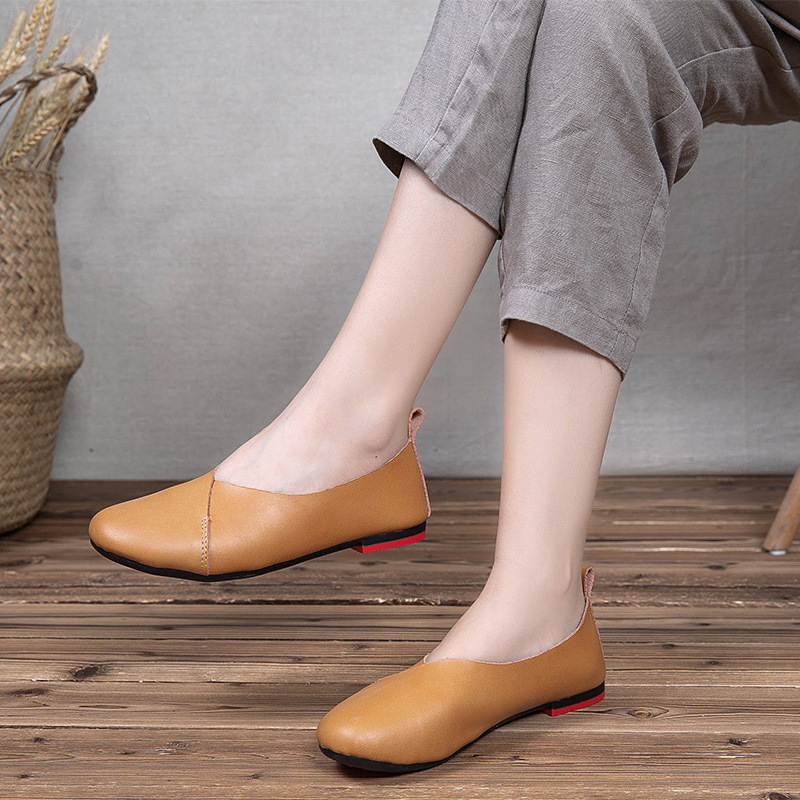 春秋新款复古文艺奶奶真皮单鞋森系女鞋平底圆头软底浅口妈妈鞋