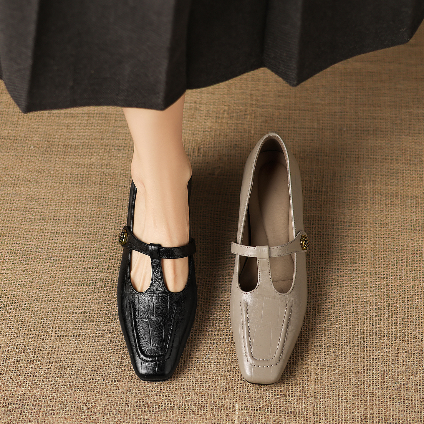Giày Mary Jane nữ da cừu gót thấp 4.5 cm quai ngang có khóa — đen