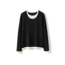 超细美丽诺精纺羊毛衫女士春秋圆领假两件针织内搭拼色长袖打底衫