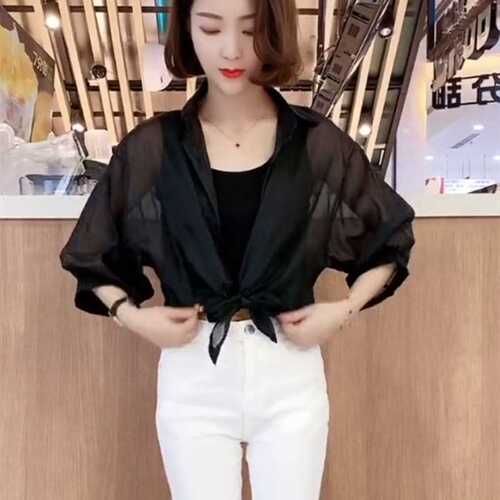 Outerwear strap dress cover blouse thin summer chiffon top women's top sun protection coat matching skirt