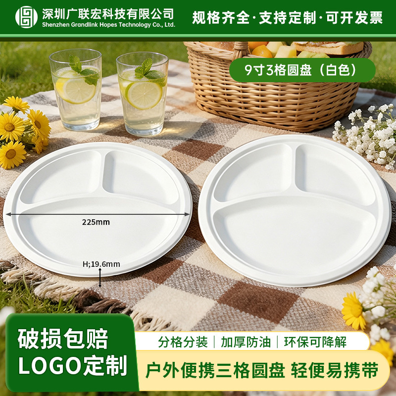 9inch Three-Compartment Round Plate with Dividers, Sugarcane Pulp Tableware, Disposable Party Canteen Wholesale Sugarcane Pulp Plates