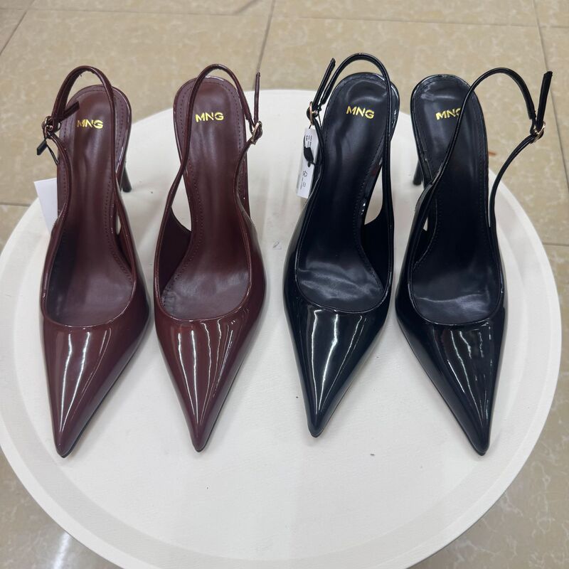 Spanish Mng Mango 2026 Summer New Style Pointed-Toe Patent Leather Sexy Buckle Closed-Toe High-Heeled Stiletto Sandals for Women