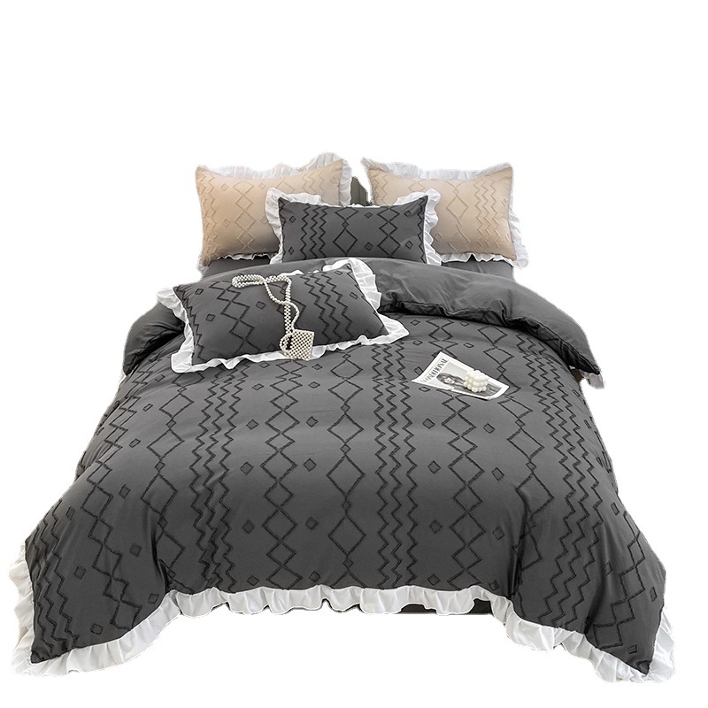 韩版夏季新款纯色水洗棉剪花四件套荷叶边被套床单宿舍三件套批发