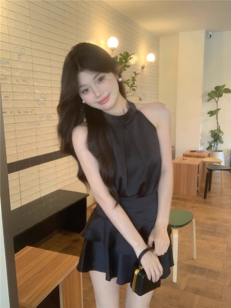 우아한 세트 살구색 새틴 넥 조끼 최고 여성 여름 높은 허리 스커트 A 라인 스커트 투피스 세트
