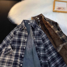 港风加绒加厚格子衬衫男秋冬季长袖复古潮牌vintage宽松休闲外套