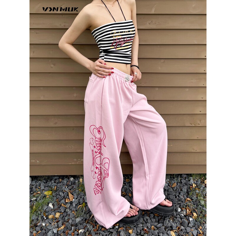 Vinmuk American Hip-Hop Jazz Sports Street Dance Casual Pants Women's Autum Loose Wide-Leg Floor-Length Pants Pink Sweatpants