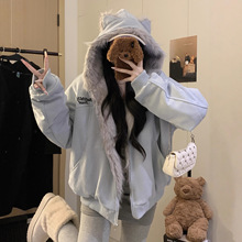 秋冬季毛领兔耳朵座山雕加厚保暖棉衣男女新款麂皮绒棉服棉袄外套