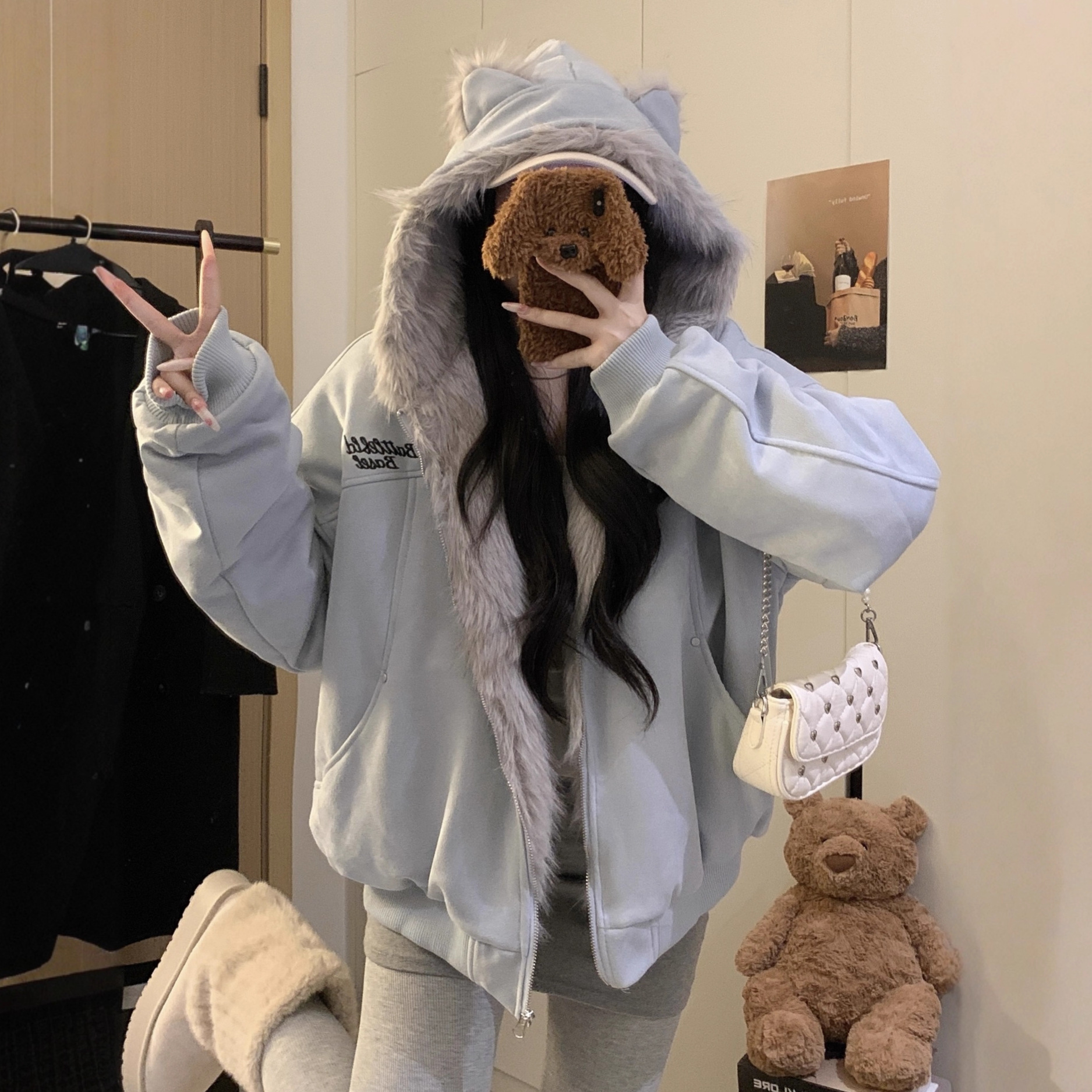 秋冬季毛领兔耳朵座山雕加厚保暖棉衣男女新款麂皮绒棉服棉袄外套