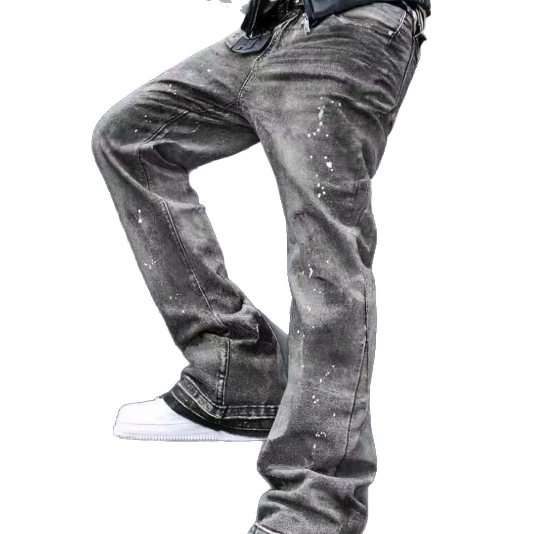 Men's Clothing Popular American Retro Washed Distressed Gray Splatter Paint Curved Blade Jeans Men's Trendy Loose Wide Leg Pants_mkmklike.com
