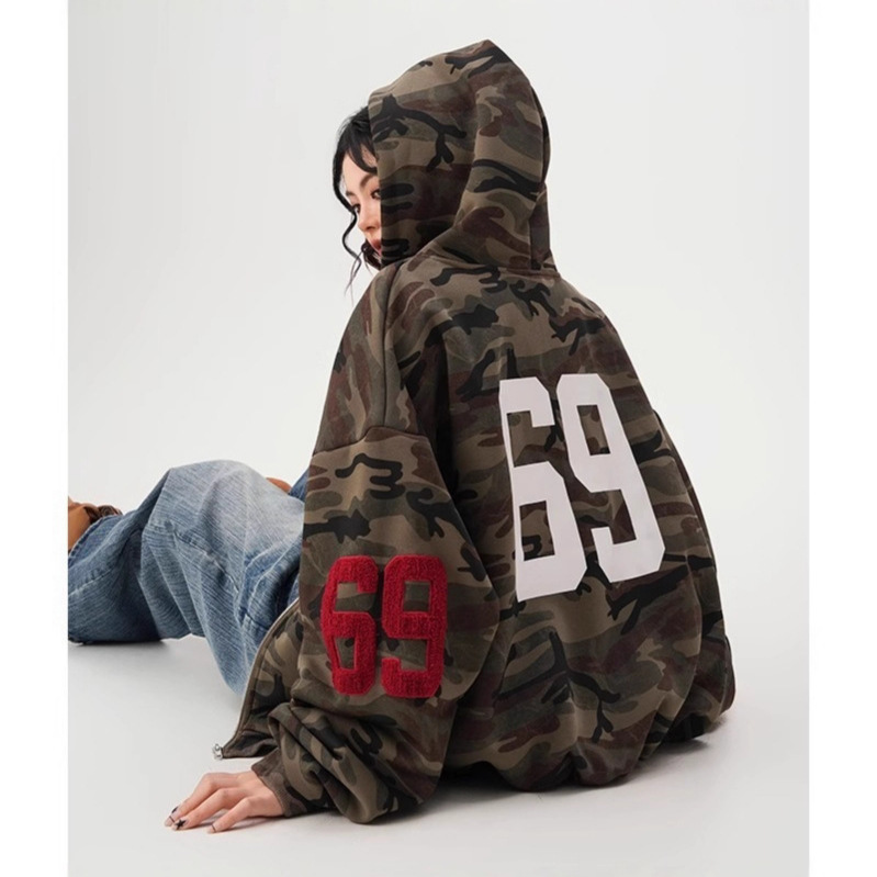 Towel Embroidered Camouflage Color Hooded Sweatshirt for Men in Autumn and Winter American Original Style Loose Lazy Zipper Cardigan Jacket