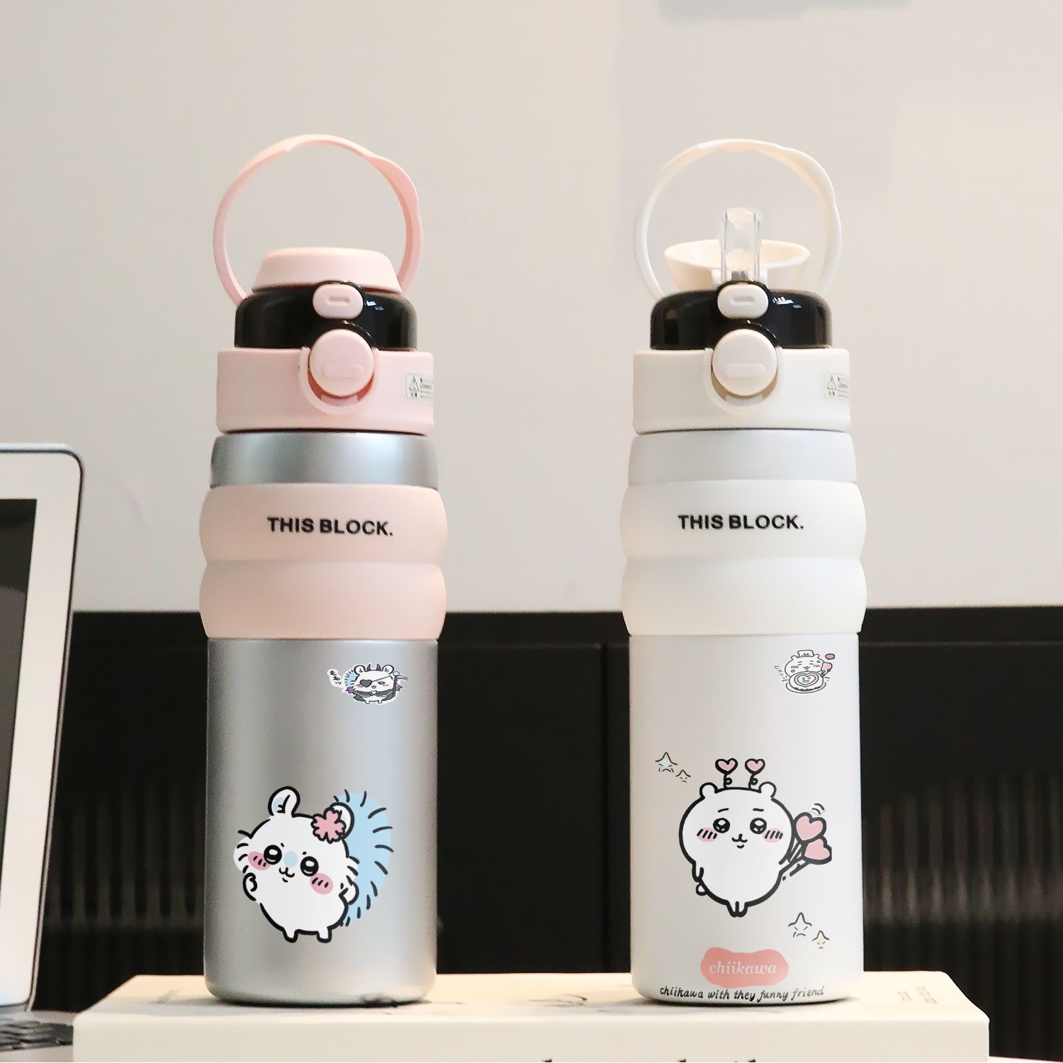 치이카와 우사기 316 스테인리스 550ml 이중 음용 빨대 보온병 휴대용 손잡이