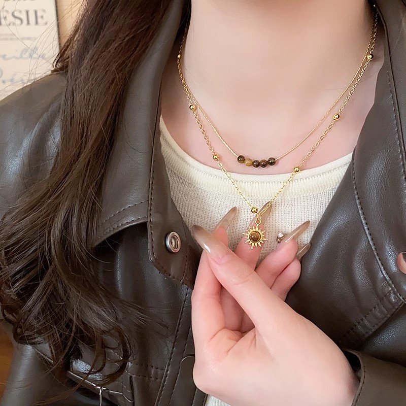 2026 Autumn Sunflower Tiger Eye Stone Layered Necklace for Women, Collarbone Chain, Autumn and Winter Melard Style