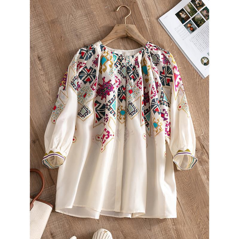 Bohemian holiday style! Heavy Silk Positioning Printed Cropped Lantern Sleeve Loose T-shirt Women's Summer