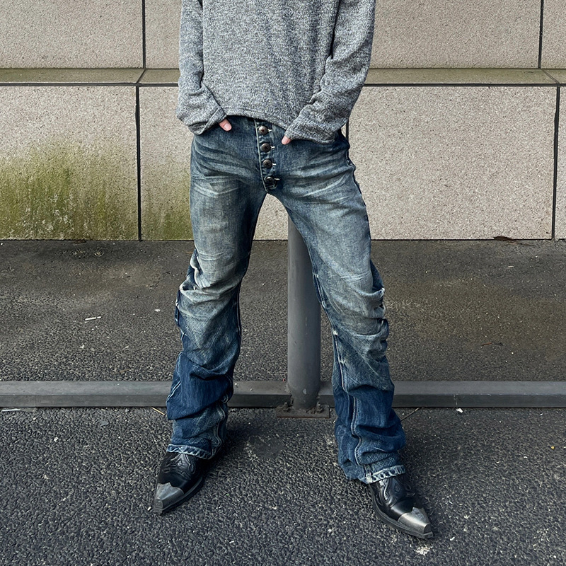 American High Street Retro Vibe Button Pleated Scimitar Jeans Men's Distressed Corrugated Straight Slim Fit Stacked Pants