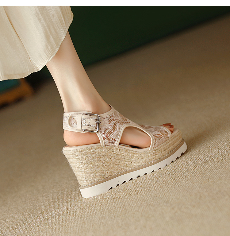 Sandal nữ đế xuồng cao gót mũi hở phong cách Bohemian, chất liệu đan rơm kết hợp lưới thoáng khí — màu hồng nhạt, màu trắng chi tiết 11