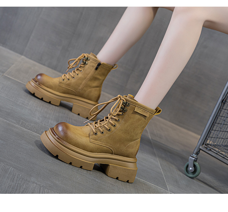 Giày boot Martin da đế dày cổ ngắn mũi rộng phong cách retro — M2633 màu vàng một lớp lót trong, M2633-1 vàng lót nhung, M2633-1 kaki lót nhung, M2633 kaki một lớp bên trong chi tiết 10