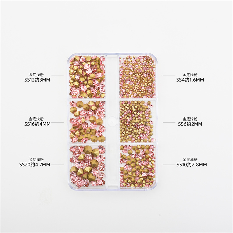 Internet celebridad nuevo estilo manicura pila diamante 6 rejilla en caja blanco rosa puntiagudo inferior diamante rhinestone nail joyería al por mayor