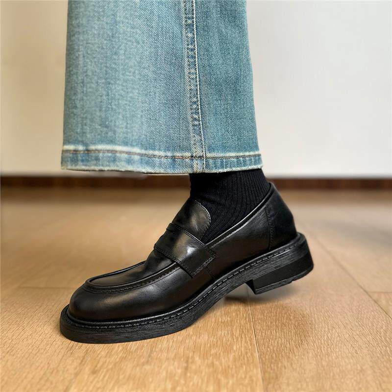 Giày lười nữ da thật Anh, mũi tròn, gót thấp 3–5 cm, đế bằng — màu đen chi tiết 6