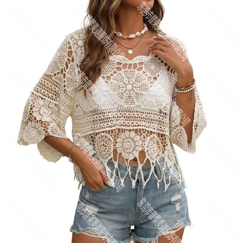 Women's Plain Edge-Cut Hollow-Out Cover-Up, Suitable for Beach Vacations, Women's Summer Clothing Women's Plain Edge-Cut Hollow-Out Cover-Up, Suitable for Beach Vacations, Women's Summer Clothing