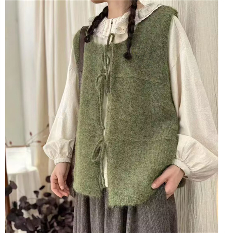 Spring New Korean Style Retro Sweater Vest Cardigan Women's Lace-up Design Vest Ware Shoulder Mori Stacked Vest for Women