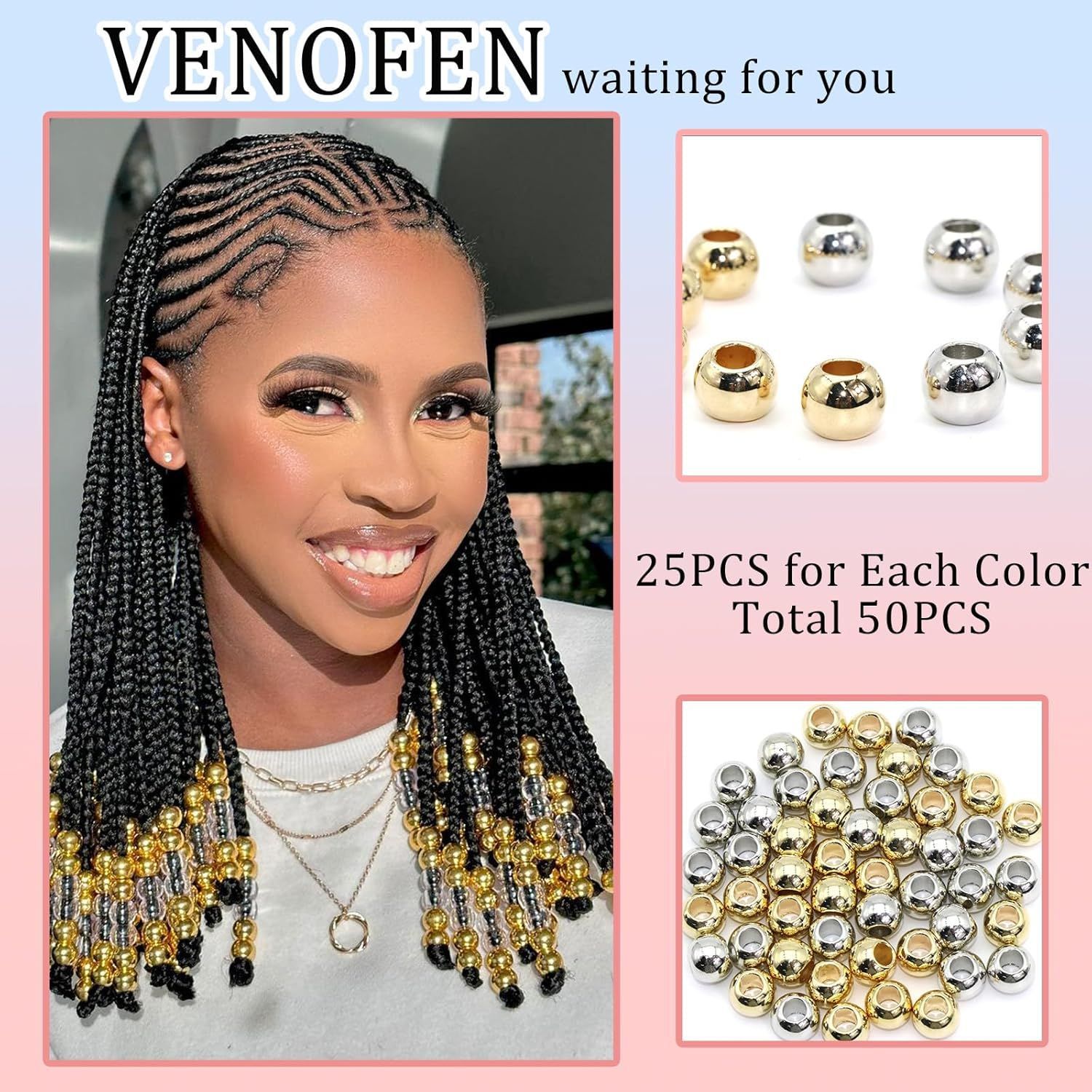 Accesorios de joyería de cuentas redondas de aleación de bricolaje Juego de cuentas de metal de Amazon para trenzas sucias, trenzas y accesorios para el cabello