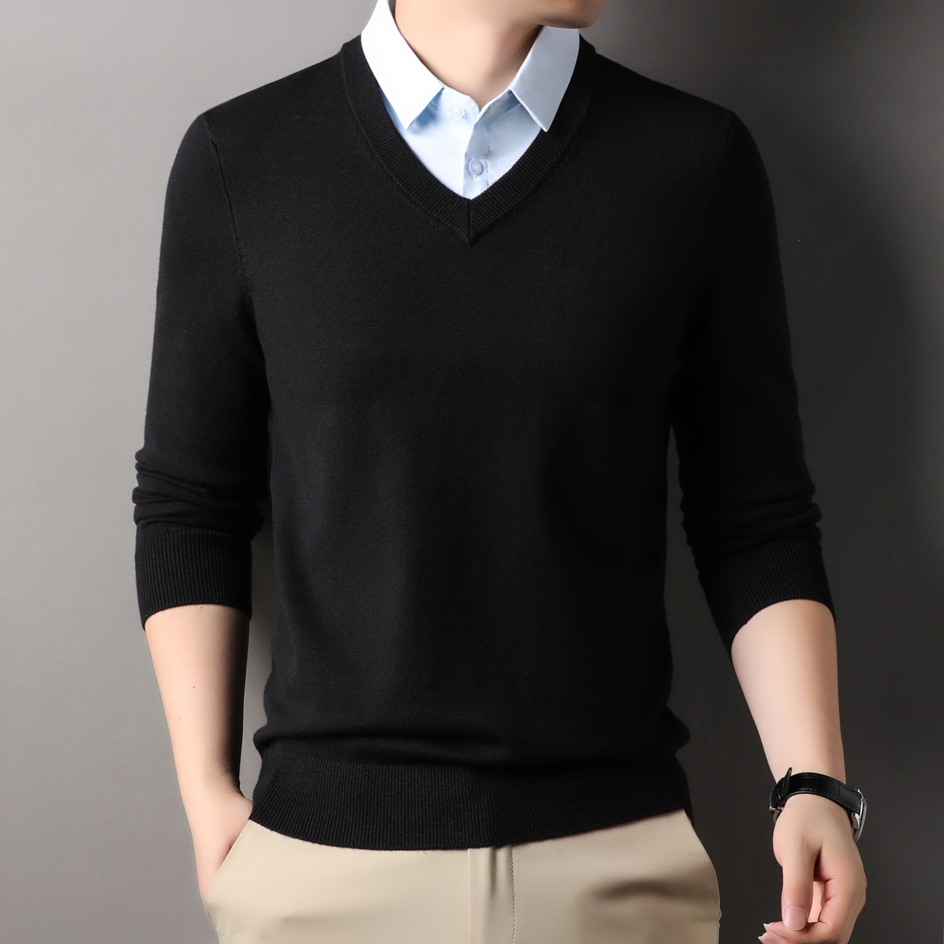 Men's long-sleeved, layered-look shirt collar knit sweater, V-neck top, wool blend, color-block design, versatile autumn style
