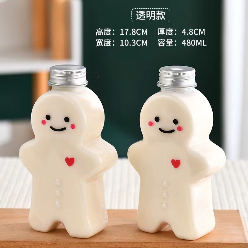 Pastel de jengibre de dibujos animados Hombre taza de té de leche en forma de botella de plástico desechable jugo botella de bebida PET para llevar jugo de leche botella de té