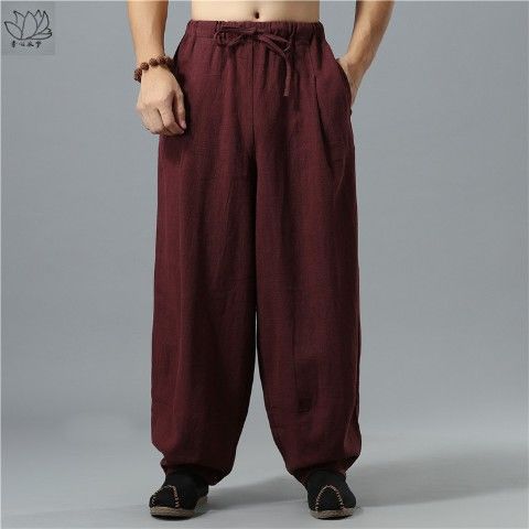 Estilo étnico primavera otoño algodón lino estilo casual holgado más tamaño bombachos pantalones largos de lino de pierna ancha para hombres de estilo chino