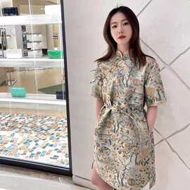 2026夏款国风刺绣图案新中式元素改良旗袍连衣裙宽松腰带显瘦裙子