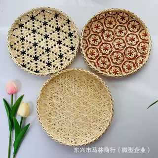 彩色手工竹编制品竹筛竹篮子收纳筐水果篮子点心托盘农家用编织挂