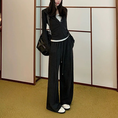 sporty chic*磨毛连帽假两件t恤卫衣抽绳休闲裤套装女秋