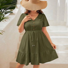 2024夏季跨境外贸亚马逊欧美大码女装气质短袖收腰绑带度假连衣裙