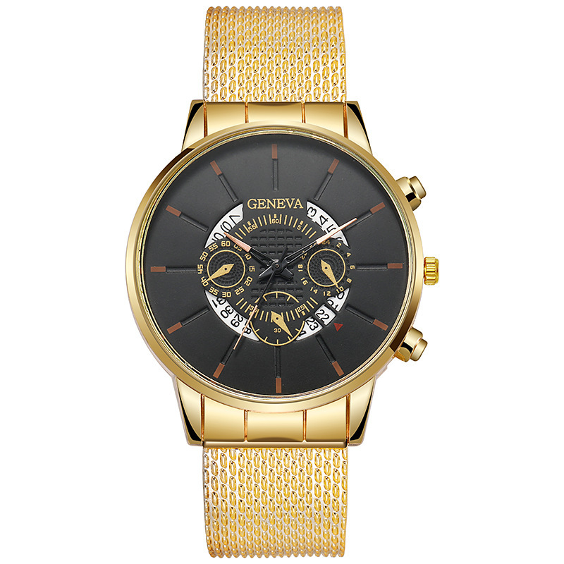 GENEVA Fake New Three Eyes Freizeit Business Kalender Gummi Mesh Herren Quarzuhr_voghion.com